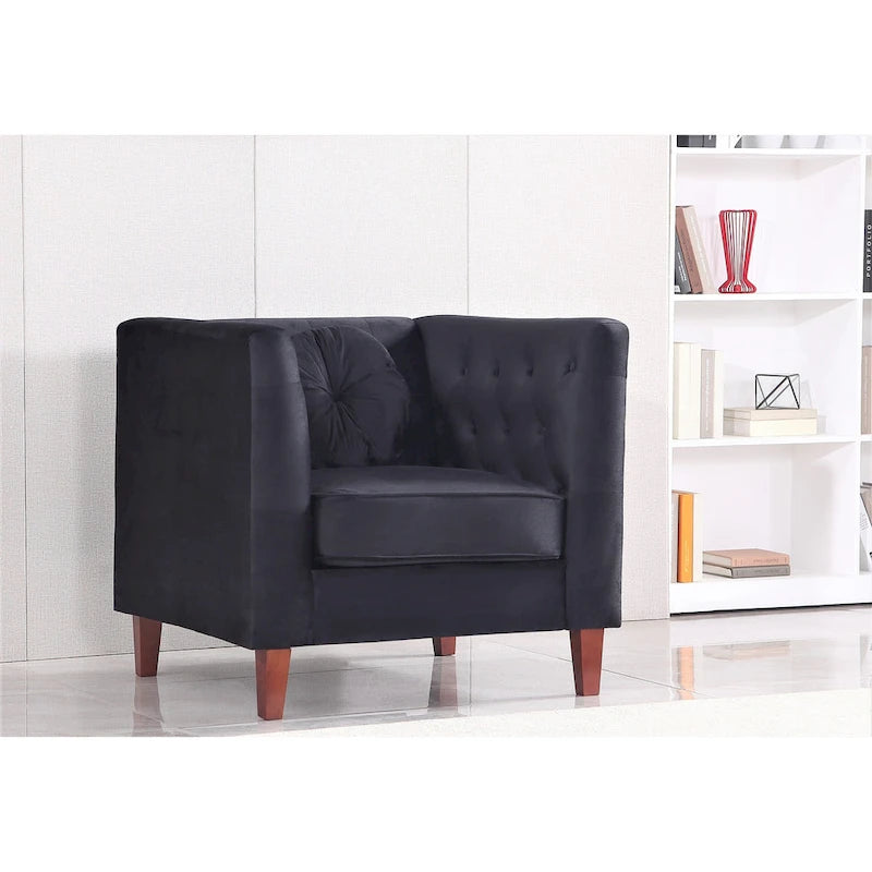 Fauteuil Chesterfield classique en velours plissé avec pieds en bois massif