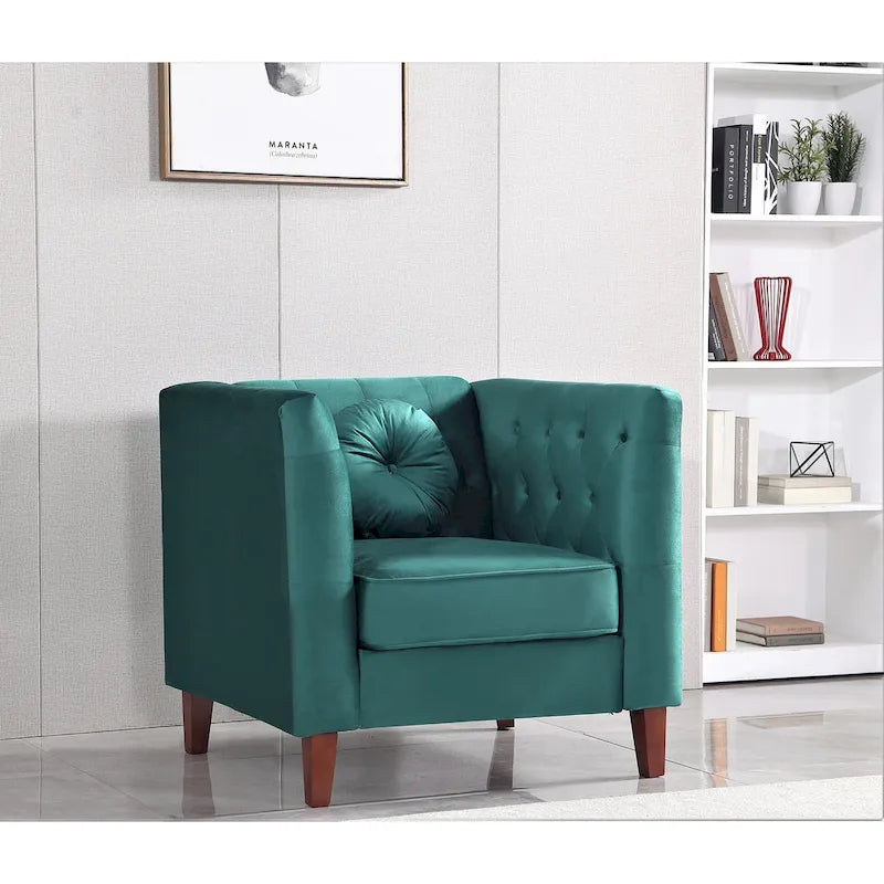 Fauteuil Chesterfield classique en velours plissé avec pieds en bois massif