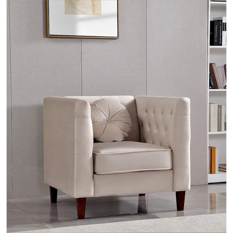 Fauteuil Chesterfield classique en velours plissé avec pieds en bois massif