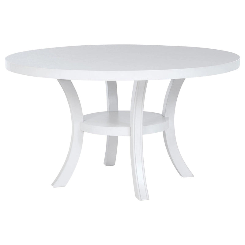 Table à manger ronde de 54 pouces avec étagère, pieds évasés et finition blanc perle