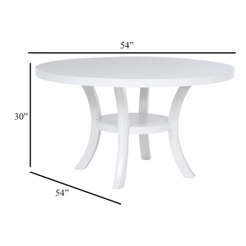 Table à manger ronde de 54 pouces avec étagère, pieds évasés et finition blanc perle