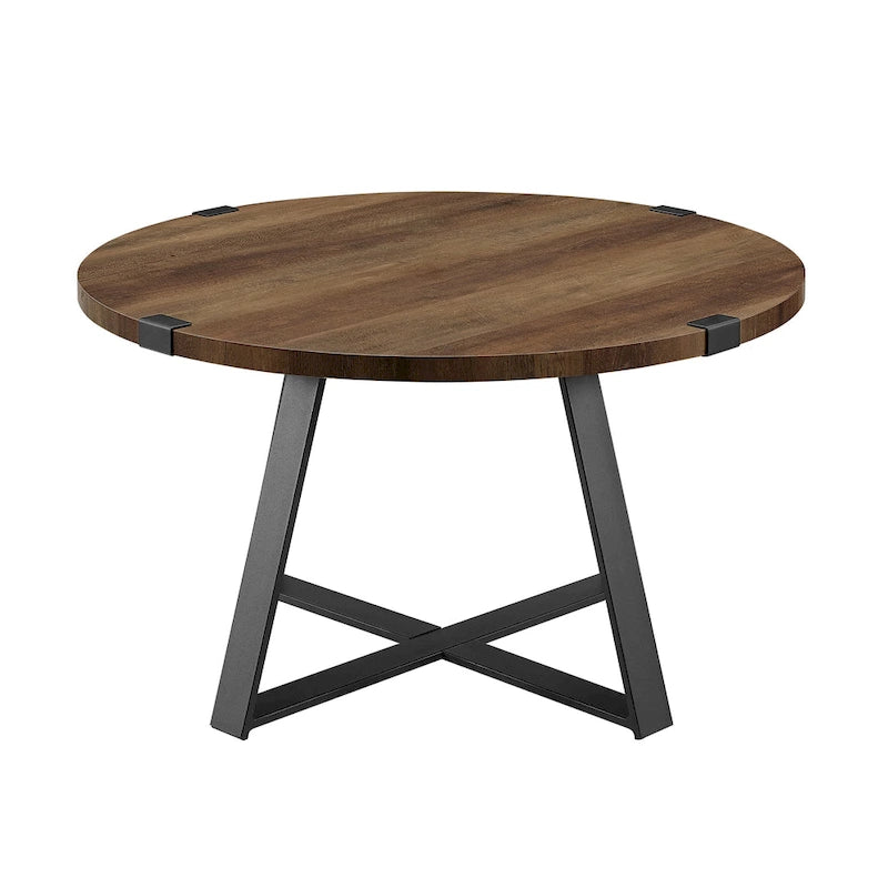 Table basse ronde en métal avec plateau imitation bois, 79 cm