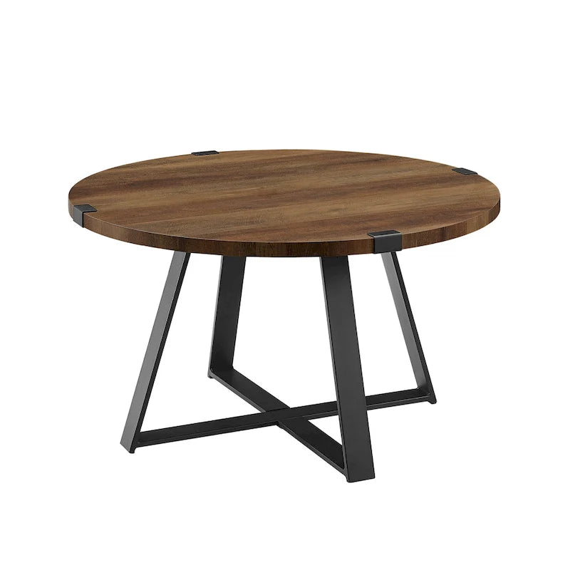 Table basse ronde en métal avec plateau imitation bois, 79 cm