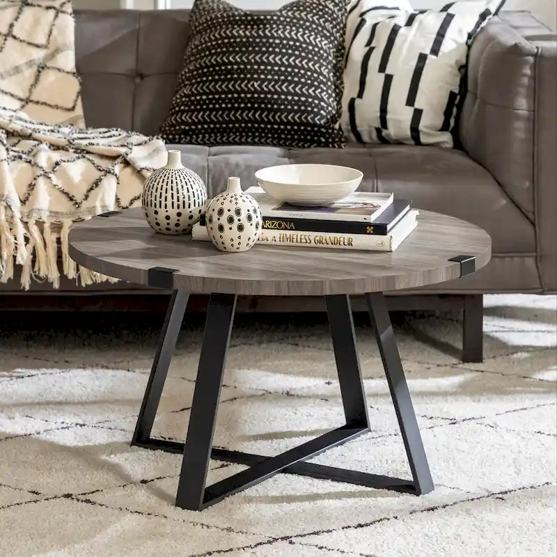 Table basse ronde en métal avec plateau imitation bois, 79 cm