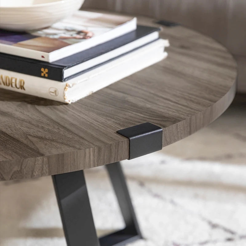 Table basse ronde en métal avec plateau imitation bois, 79 cm
