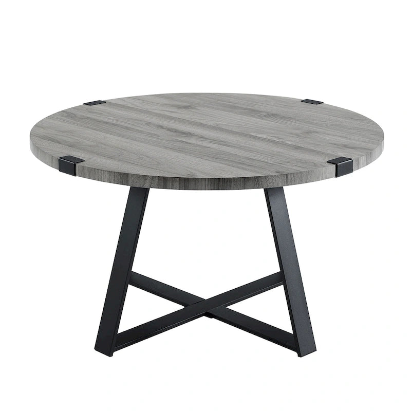 Table basse ronde en métal avec plateau imitation bois, 79 cm