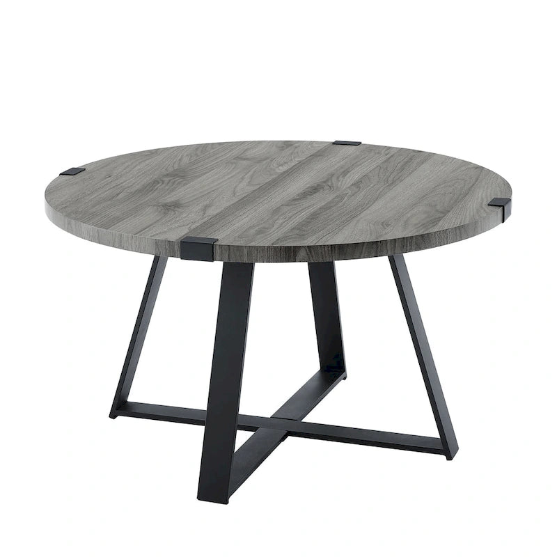 Table basse ronde en métal avec plateau imitation bois, 79 cm
