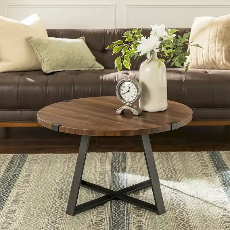 Table basse ronde en métal avec plateau imitation bois, 79 cm