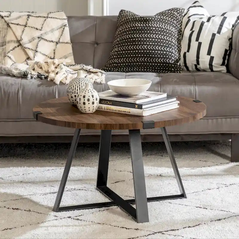Table basse ronde en métal avec plateau imitation bois, 79 cm