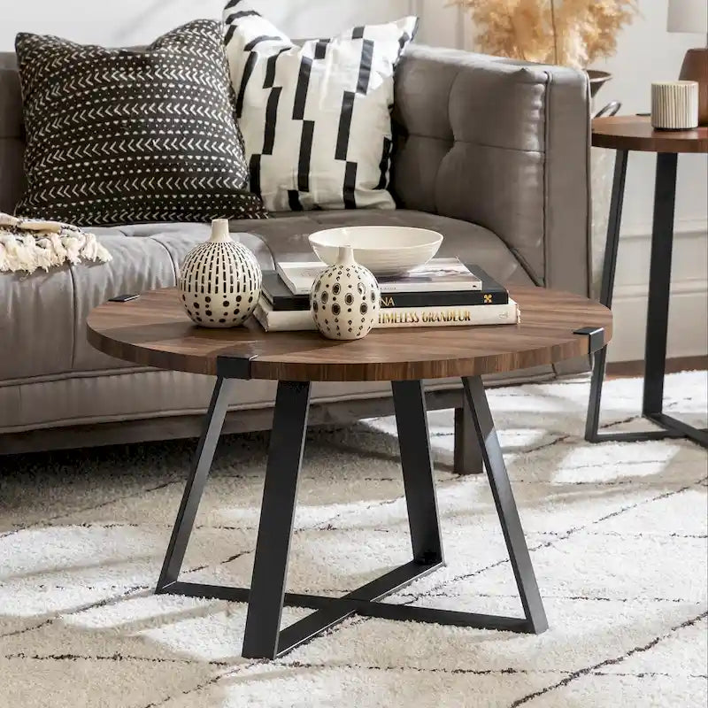 Table basse ronde en métal avec plateau imitation bois, 79 cm
