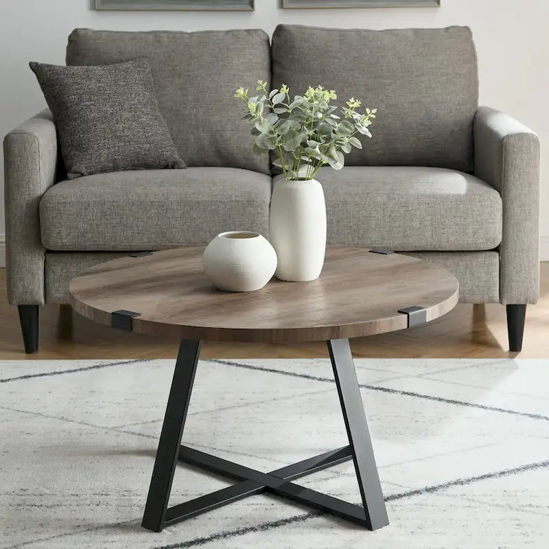 Table basse ronde en métal avec plateau imitation bois, 79 cm