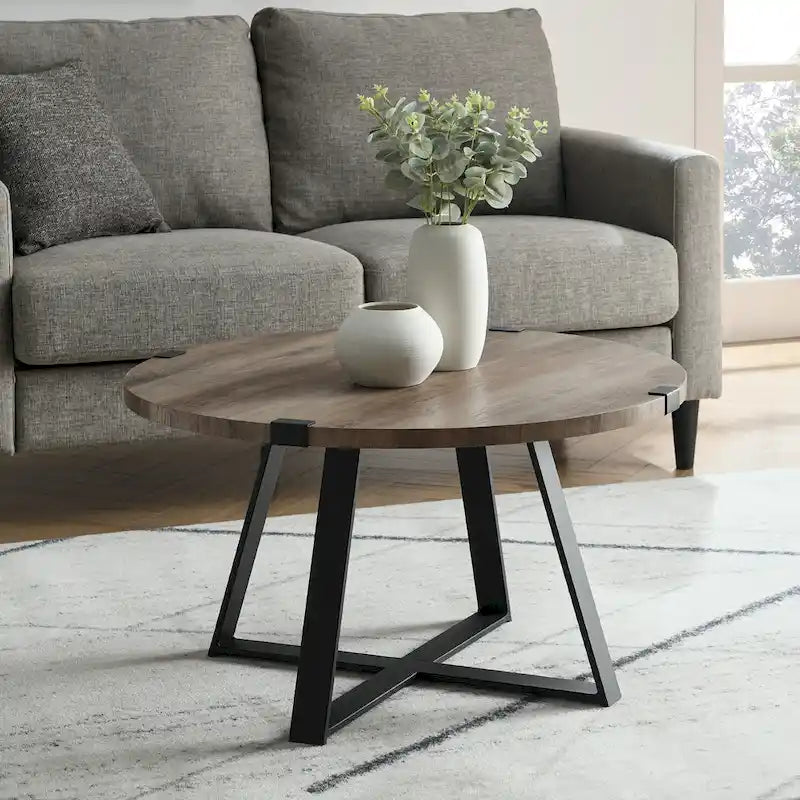 Table basse ronde en métal avec plateau imitation bois, 79 cm
