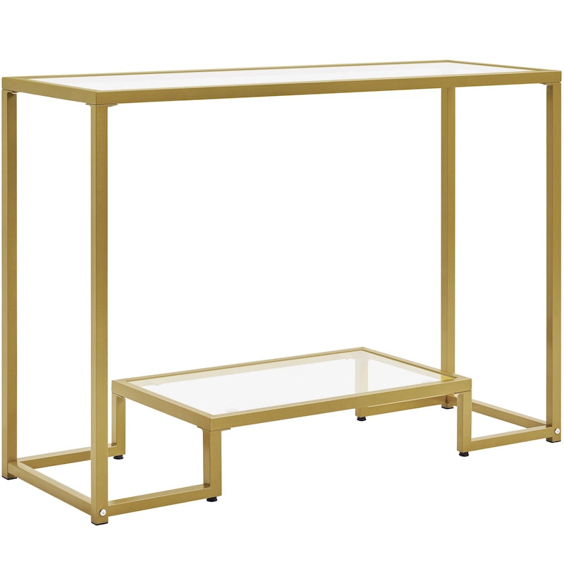 Console moderne en verre trempé avec cadre en métal et rangement à 2 niveaux