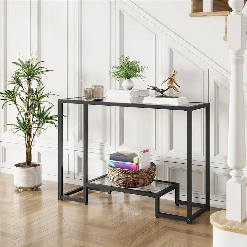Console moderne en verre trempé avec cadre en métal et rangement à 2 niveaux
