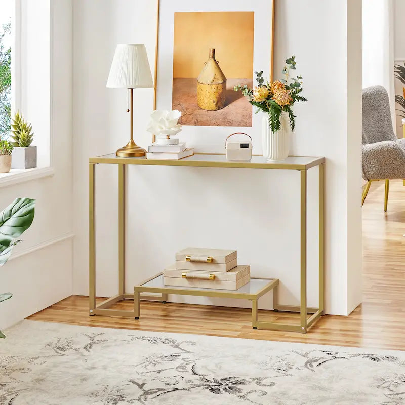 Console moderne en verre trempé avec cadre en métal et rangement à 2 niveaux