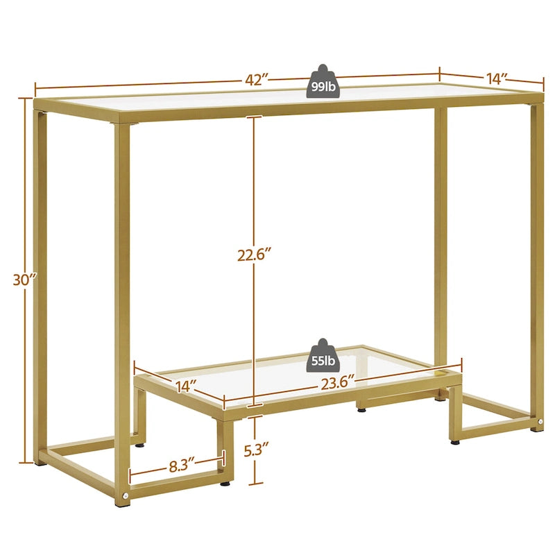 Console moderne en verre trempé avec cadre en métal et rangement à 2 niveaux