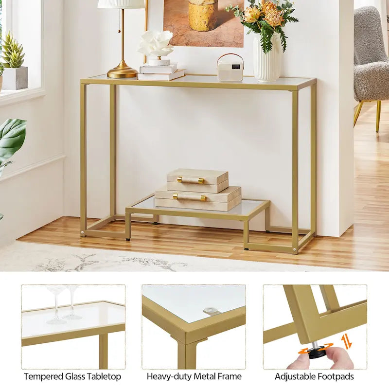 Console moderne en verre trempé avec cadre en métal et rangement à 2 niveaux