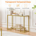 Console moderne en verre trempé avec cadre en métal et rangement à 2 niveaux