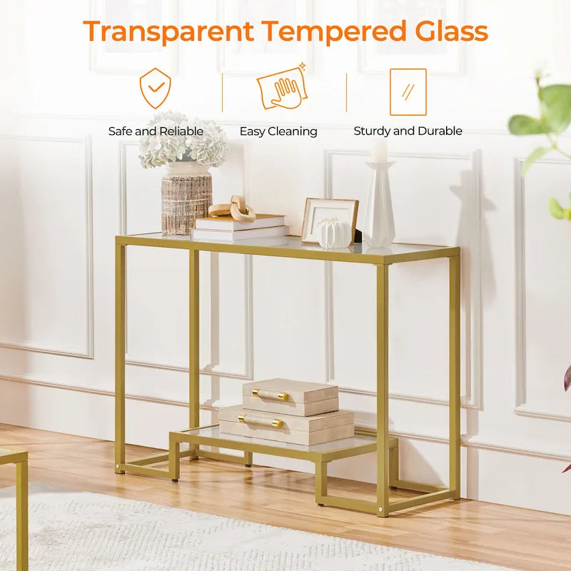 Console moderne en verre trempé avec cadre en métal et rangement à 2 niveaux