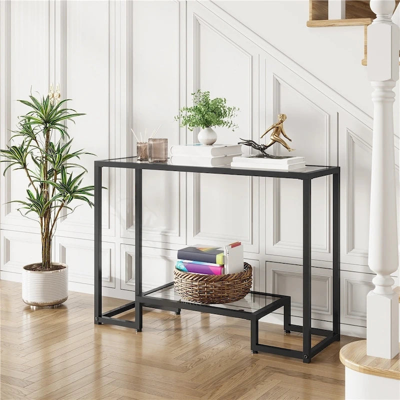 Console moderne en verre trempé avec cadre en métal et rangement à 2 niveaux