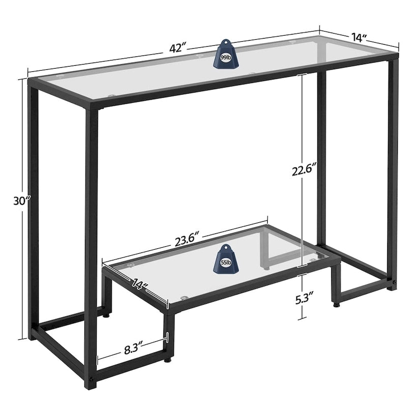 Console moderne en verre trempé avec cadre en métal et rangement à 2 niveaux