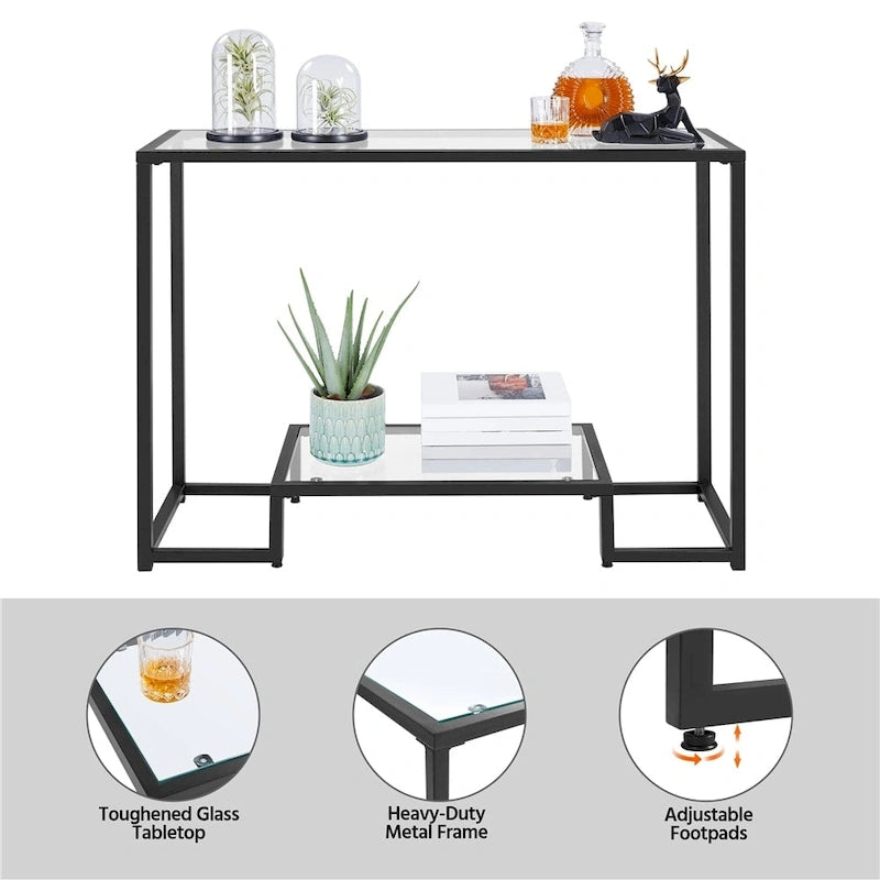 Console moderne en verre trempé avec cadre en métal et rangement à 2 niveaux