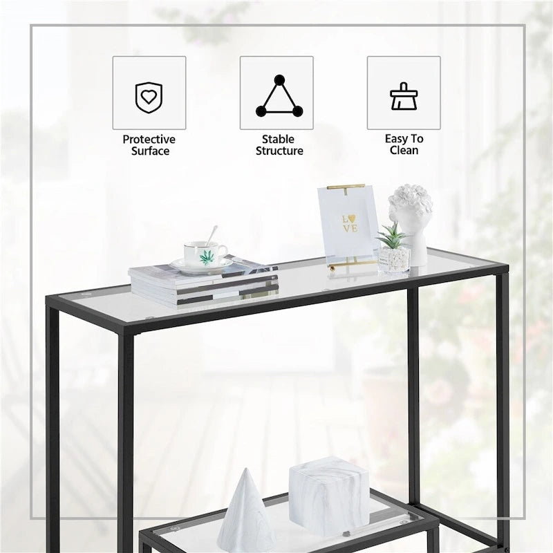 Console moderne en verre trempé avec cadre en métal et rangement à 2 niveaux