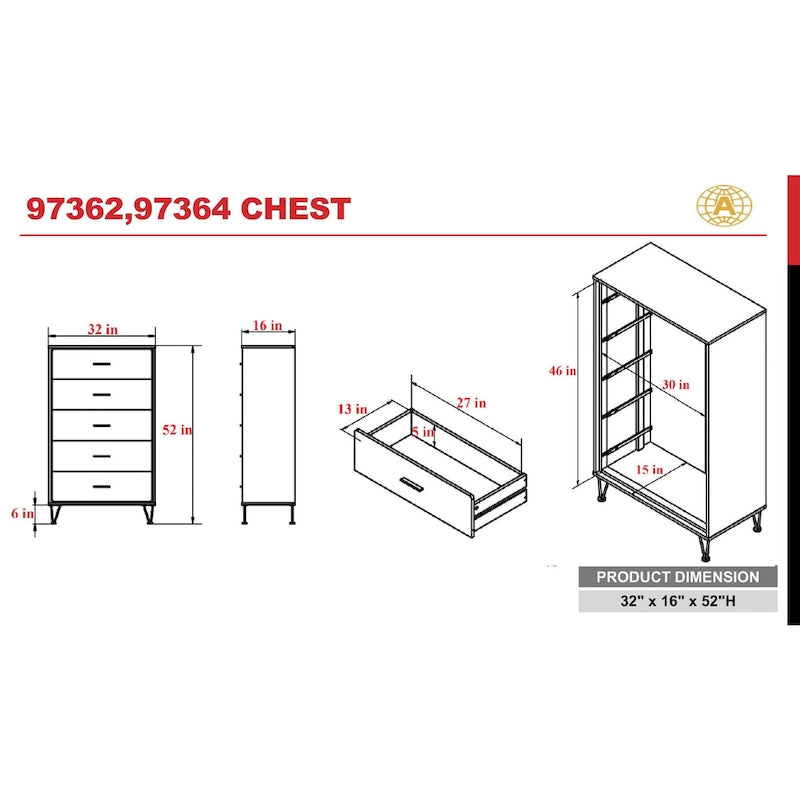 Commode 5 tiroirs en noyer avec poignées métalliques et cadre en MDF