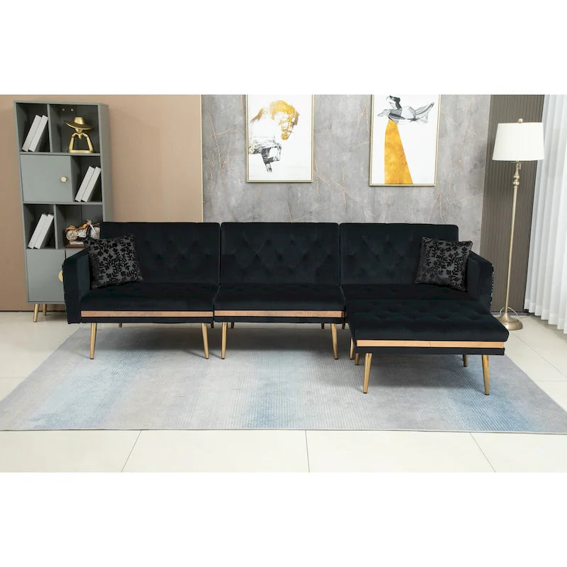 Canapé d'angle convertible capitonné en polyester avec ottoman