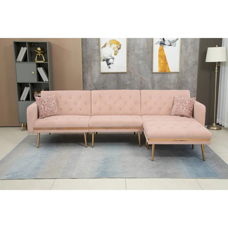 Canapé d'angle convertible capitonné en polyester avec ottoman