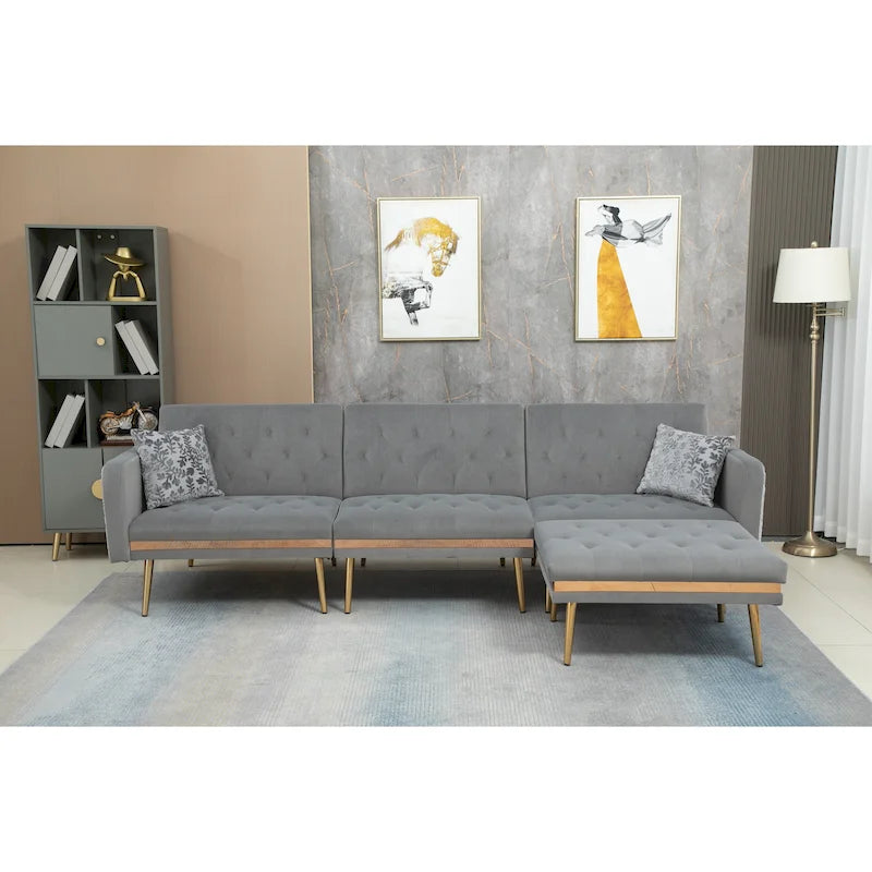 Canapé d'angle convertible capitonné en polyester avec ottoman