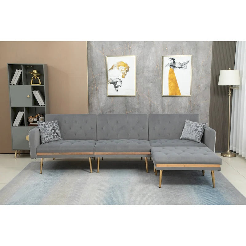 Canapé d'angle convertible capitonné en polyester avec ottoman
