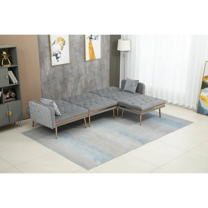 Canapé d'angle convertible capitonné en polyester avec ottoman