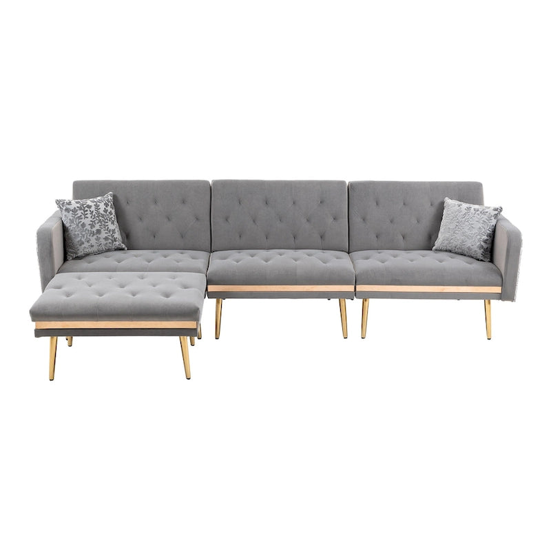 Canapé d'angle convertible capitonné en polyester avec ottoman