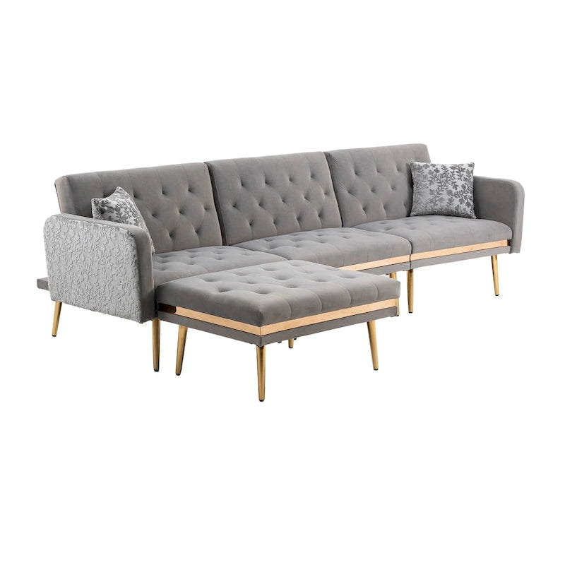 Canapé d'angle convertible capitonné en polyester avec ottoman