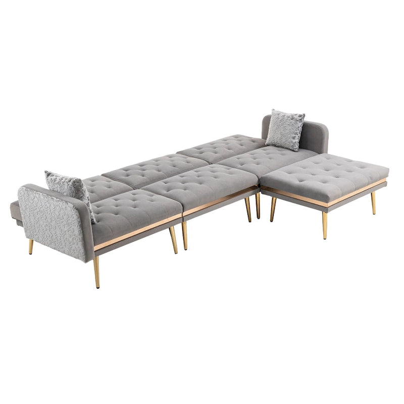Canapé d'angle convertible capitonné en polyester avec ottoman