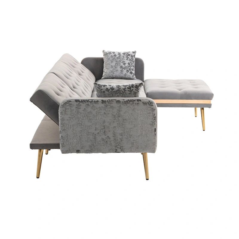 Canapé d'angle convertible capitonné en polyester avec ottoman