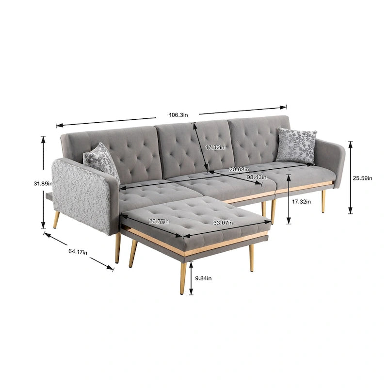 Canapé d'angle convertible capitonné en polyester avec ottoman