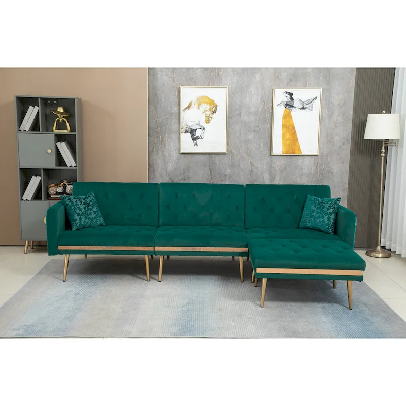 Canapé d'angle convertible capitonné en polyester avec ottoman