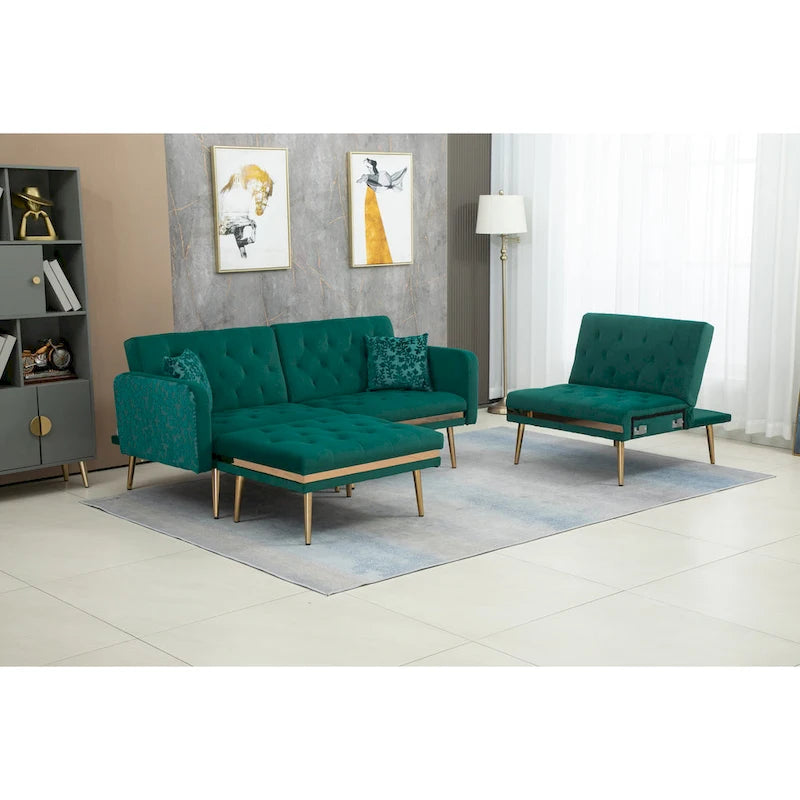 Canapé d'angle convertible capitonné en polyester avec ottoman