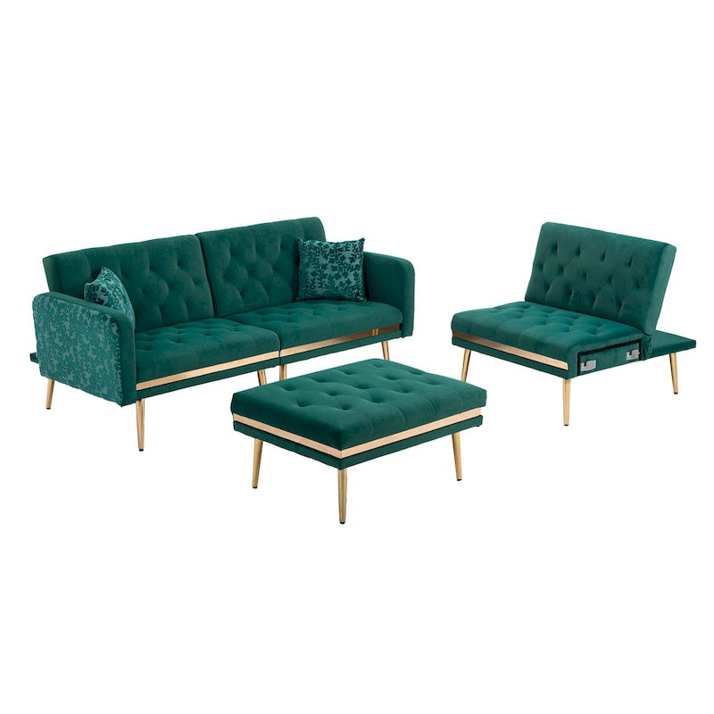 Canapé d'angle convertible capitonné en polyester avec ottoman
