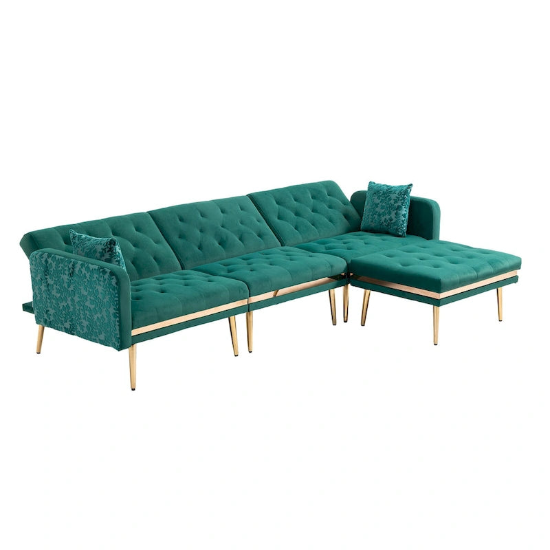 Canapé d'angle convertible capitonné en polyester avec ottoman