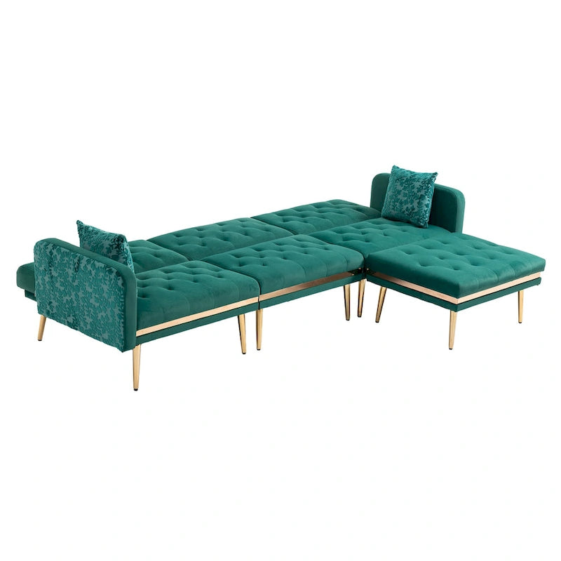 Canapé d'angle convertible capitonné en polyester avec ottoman