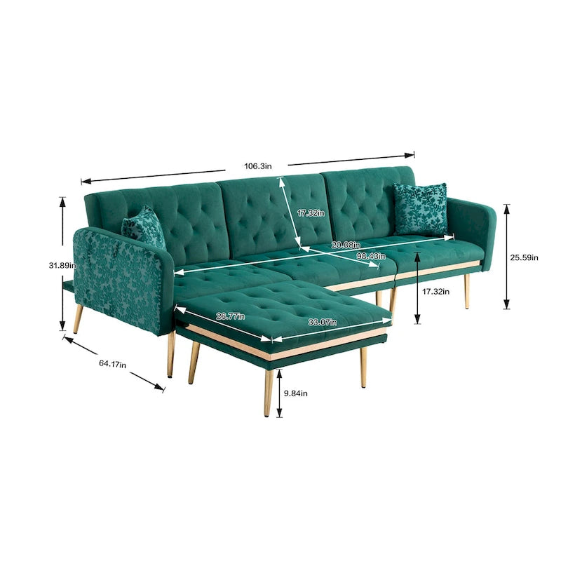 Canapé d'angle convertible capitonné en polyester avec ottoman