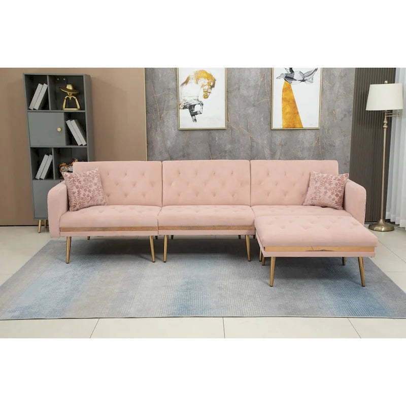 Canapé d'angle convertible capitonné en polyester avec ottoman