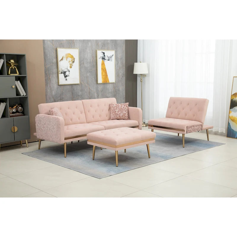 Canapé d'angle convertible capitonné en polyester avec ottoman