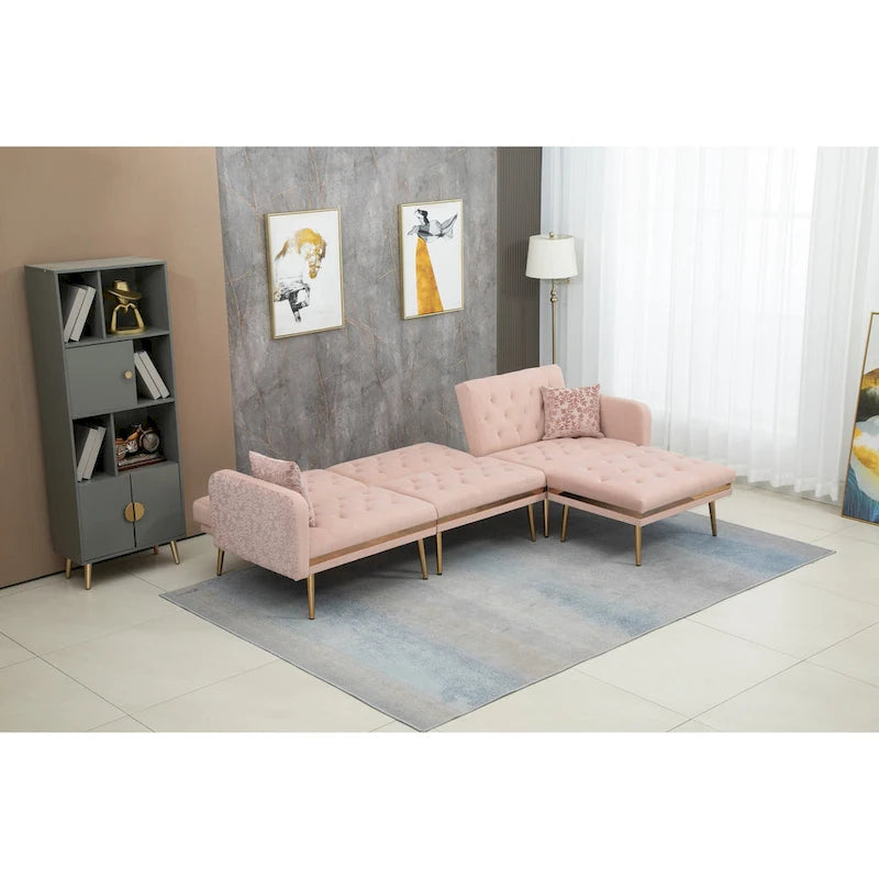 Canapé d'angle convertible capitonné en polyester avec ottoman
