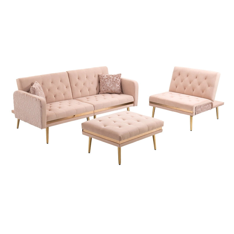 Canapé d'angle convertible capitonné en polyester avec ottoman