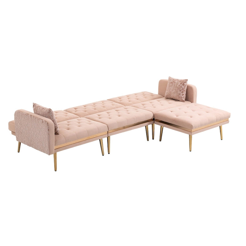 Canapé d'angle convertible capitonné en polyester avec ottoman