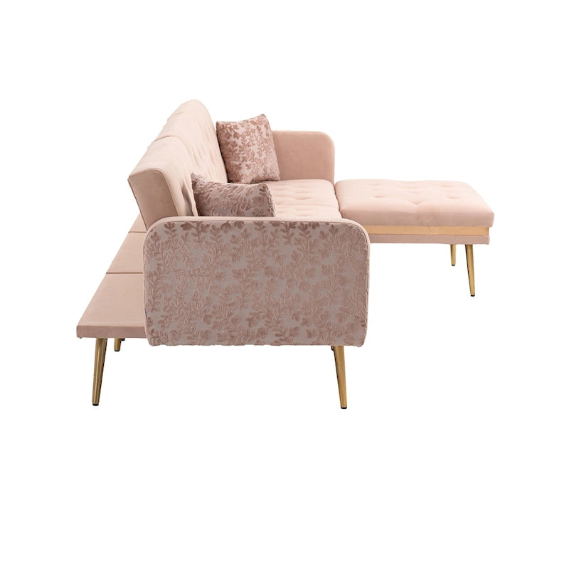 Canapé d'angle convertible capitonné en polyester avec ottoman